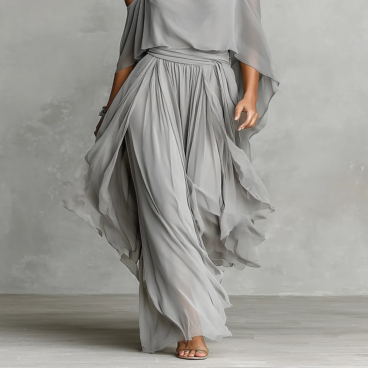 Grey Chiffon Set with Flowy Top and Pants