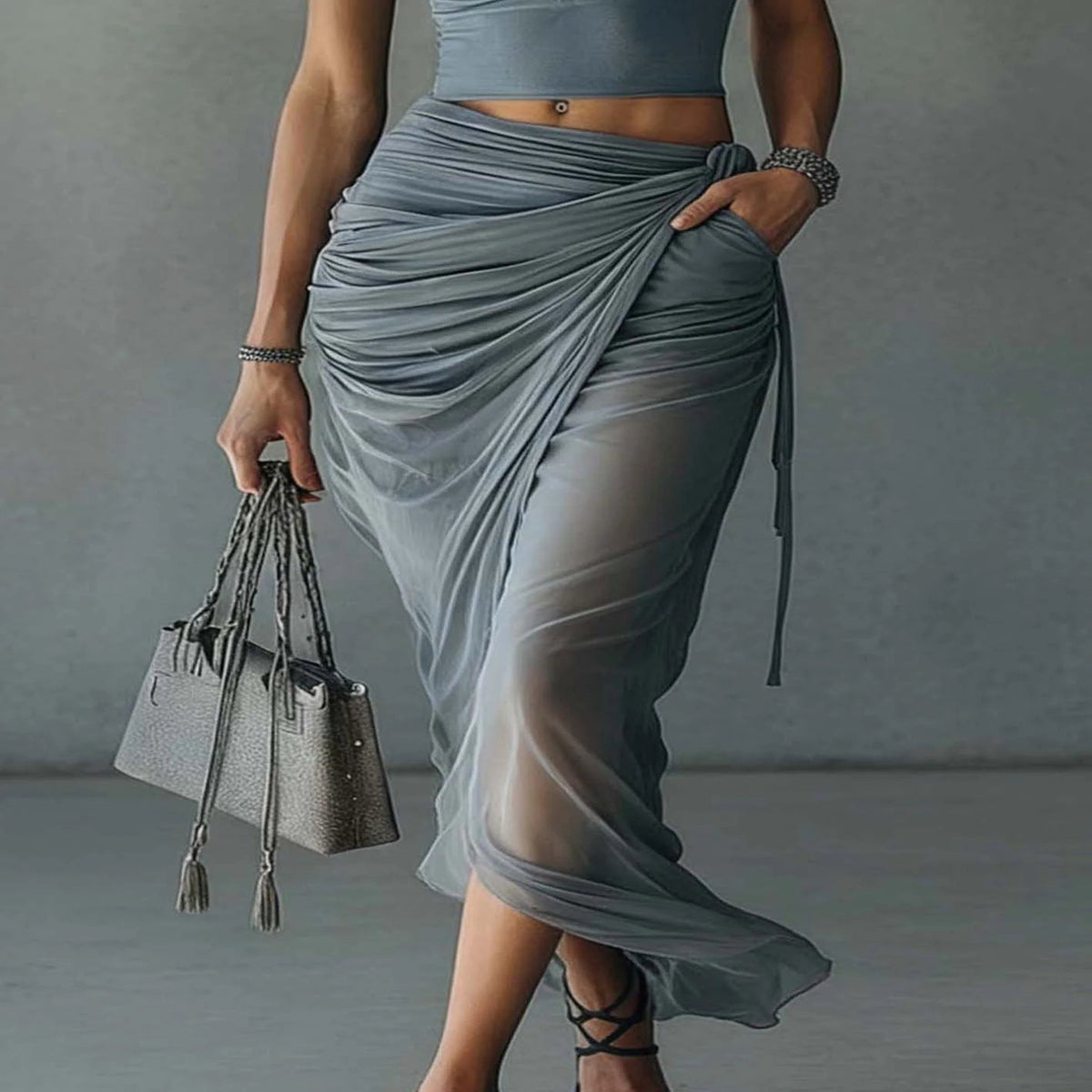 Blue Mesh Crop Top and Maxi Skirt Set