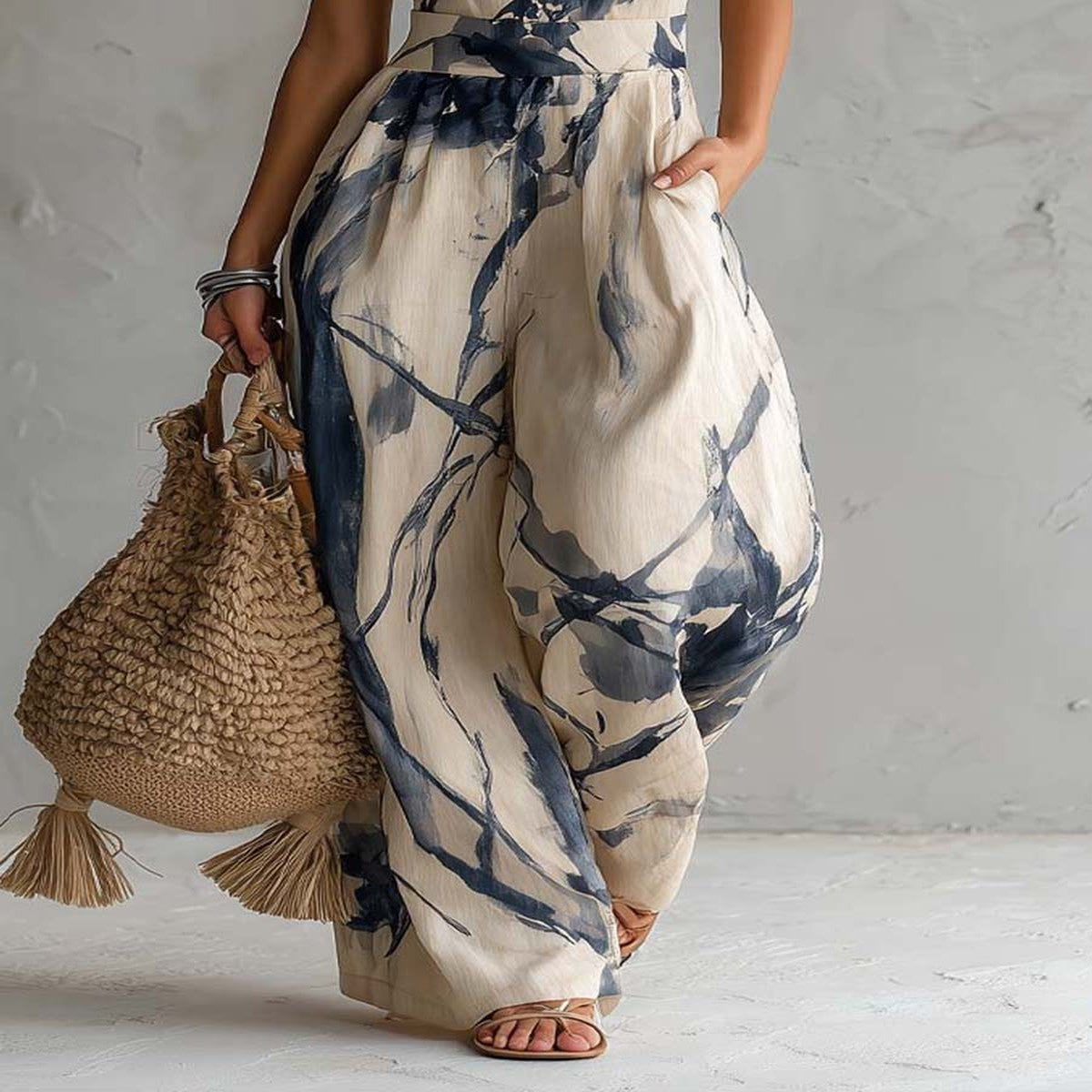 Vestido Halter con Estampado de Tinta y Bolsillos