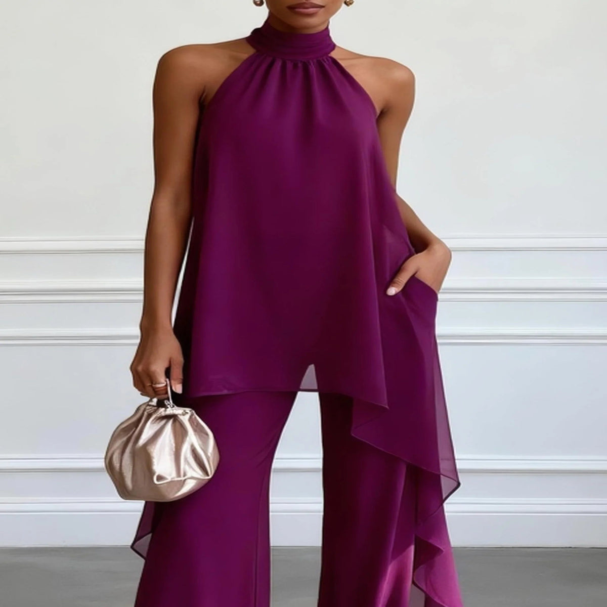 Purple Sleeveless Crop Top and Pants Set