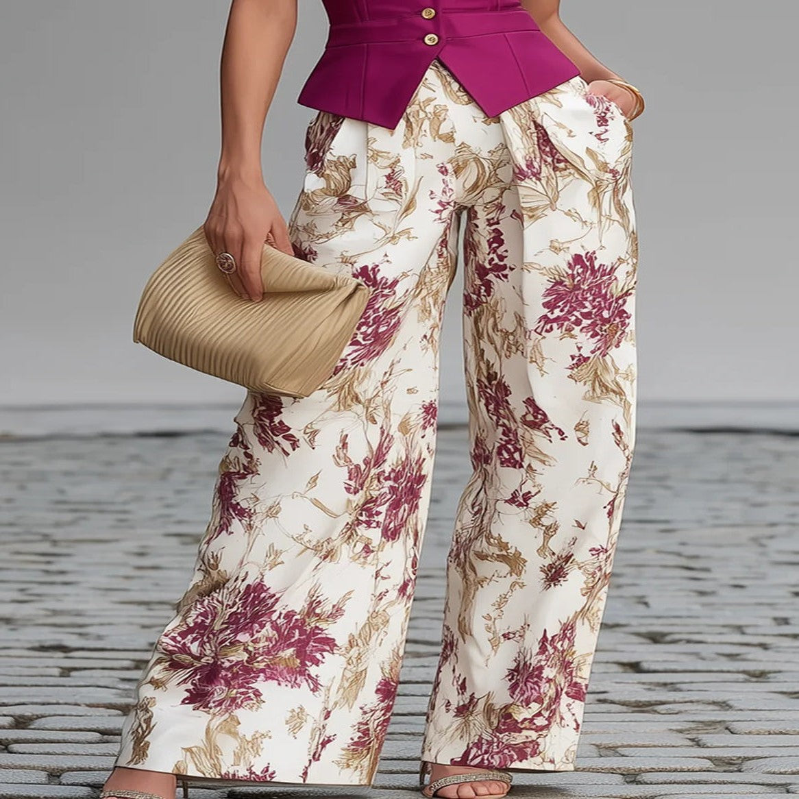 Pink Floral Wide-Leg Vest and Pant Set