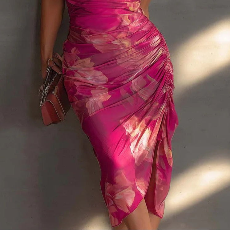 Fuchsia Sleeveless Bodycon Dress with Floral Print