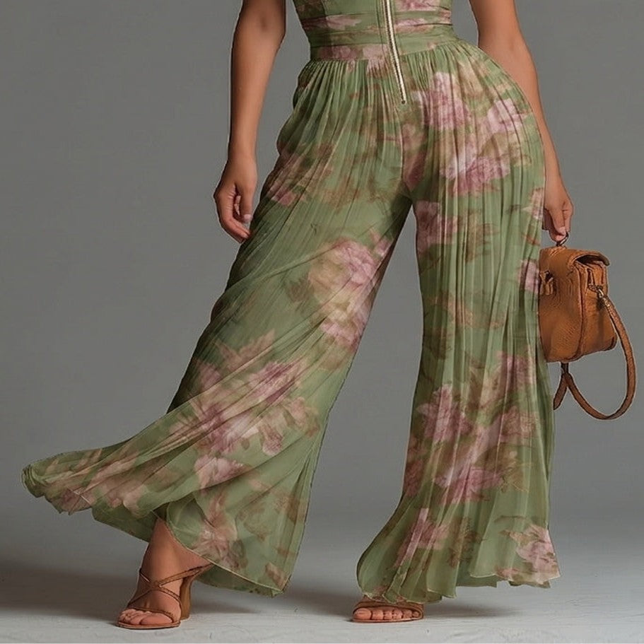 Wide Leg Chiffon Floral Green Jumpsuit