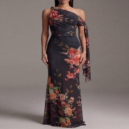 One-Shoulder Pleated Chiffon Black Maxi Dress