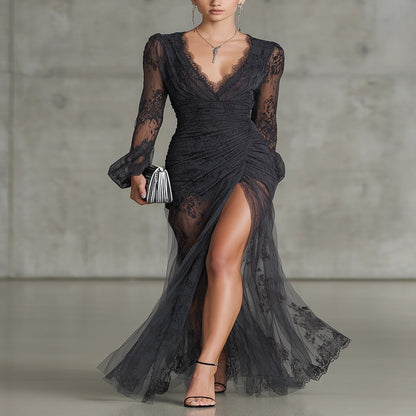 Dark Gray Lace Maxi Dress with Long Sleeves and Slit