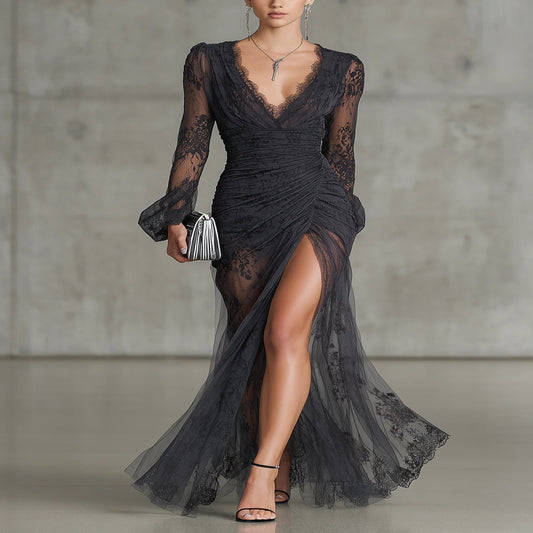 Dark Gray Lace Maxi Dress with Long Sleeves and Slit