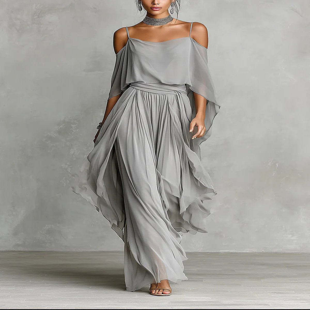 Grey Chiffon Set with Flowy Top and Pants