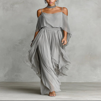 Grey Chiffon Set with Flowy Top and Pants