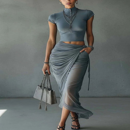 Blue Mesh Crop Top and Maxi Skirt Set