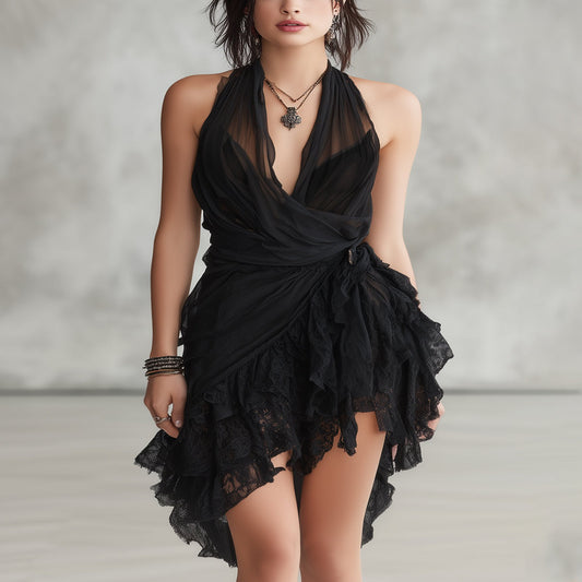 Black Lace Mini Dress with Halter Neckline and Ruffles
