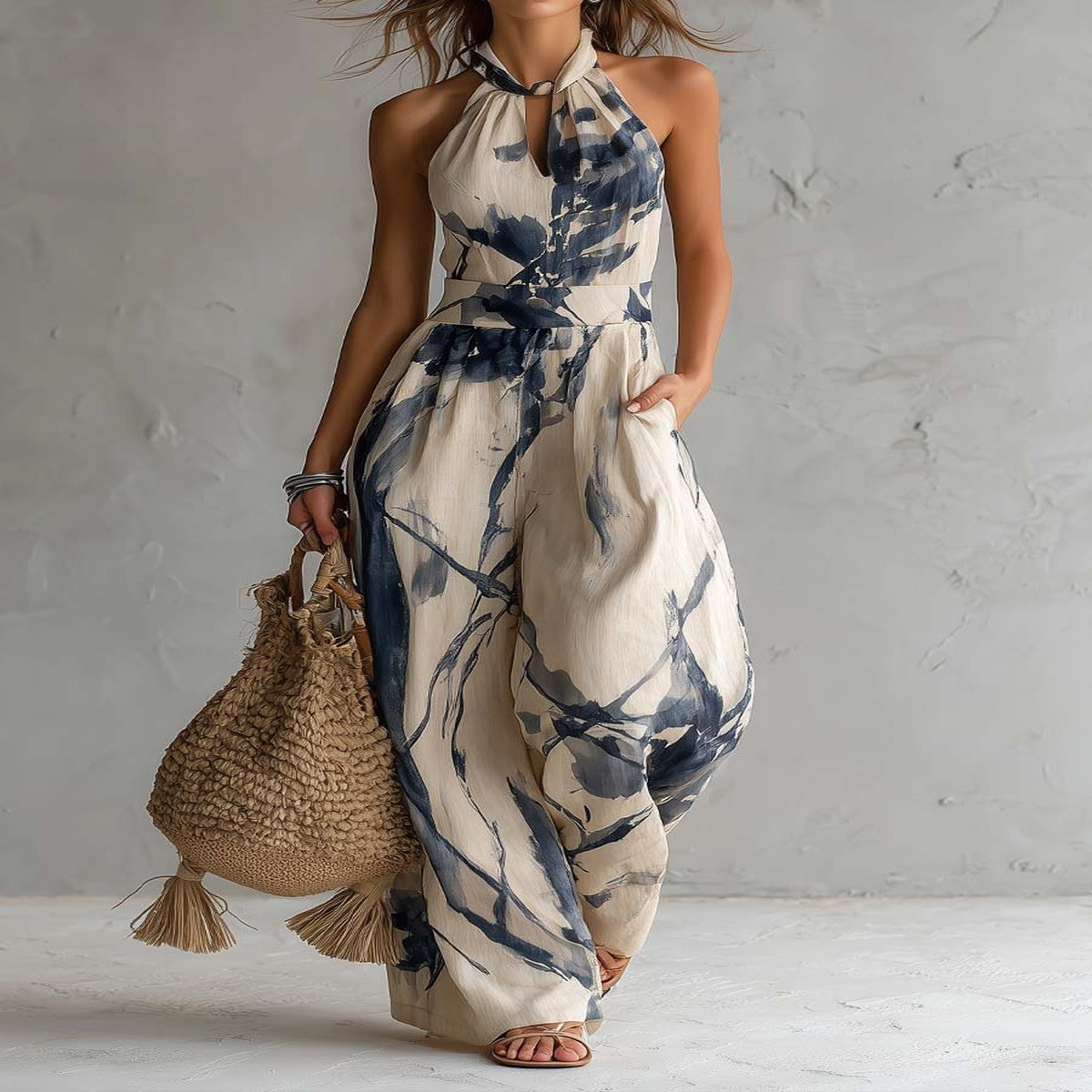 Vestido Halter con Estampado de Tinta y Bolsillos