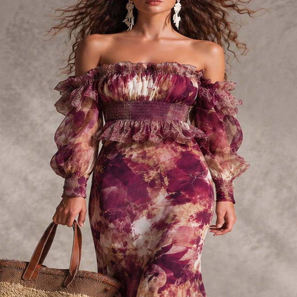 Pink Chiffon Off-the-Shoulder Maxi Dress
