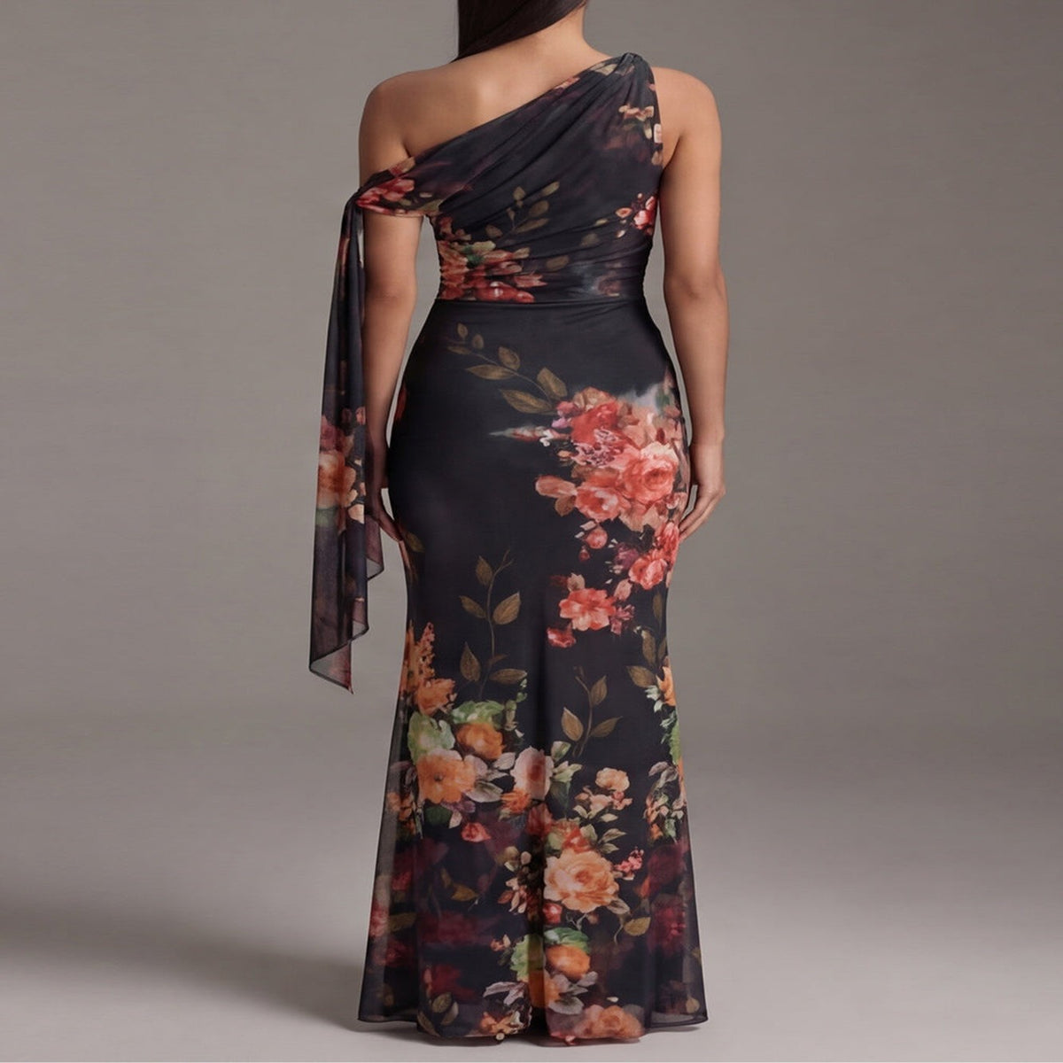 One-Shoulder Pleated Chiffon Black Maxi Dress