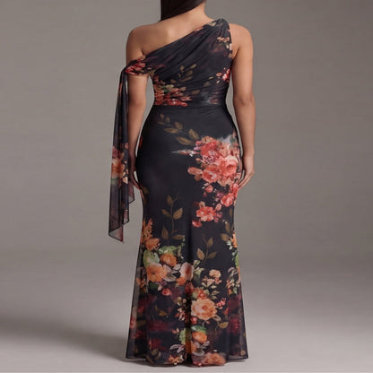 One-Shoulder Pleated Chiffon Black Maxi Dress