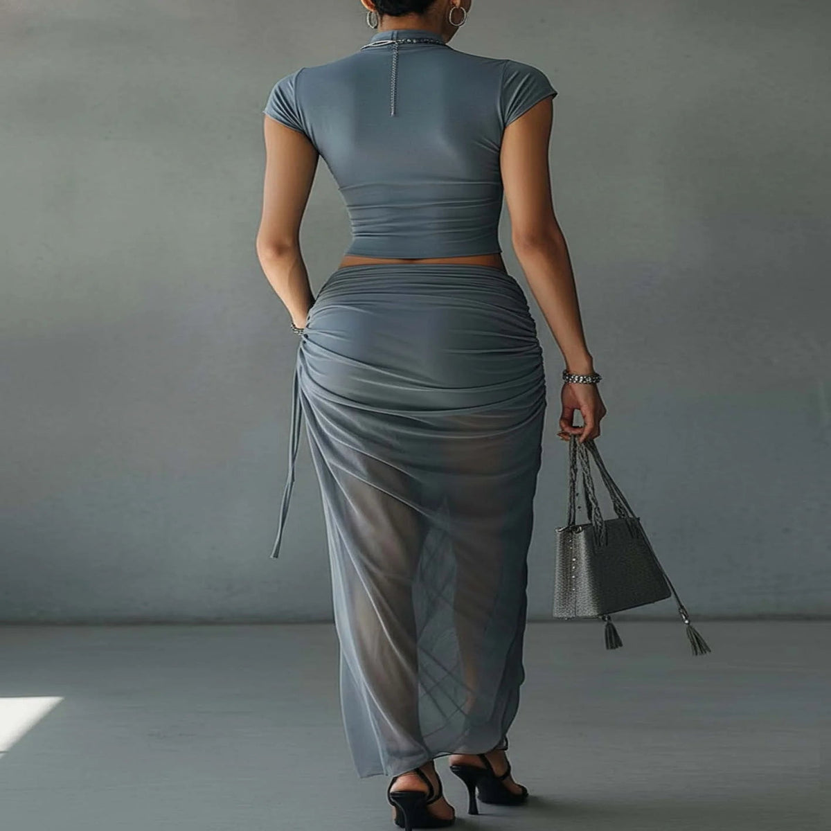 Blue Mesh Crop Top and Maxi Skirt Set