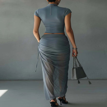 Blue Mesh Crop Top and Maxi Skirt Set