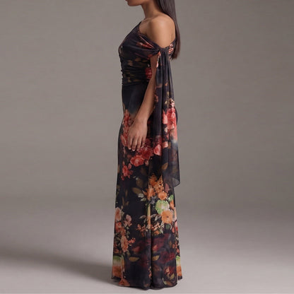 One-Shoulder Pleated Chiffon Black Maxi Dress