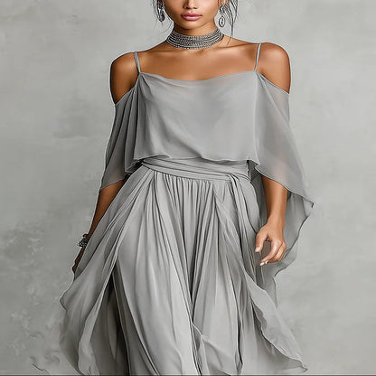 Grey Chiffon Set with Flowy Top and Pants