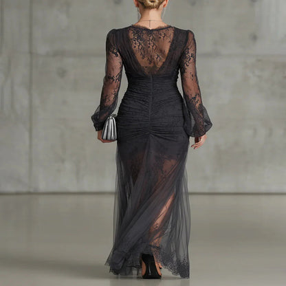 Dark Gray Lace Maxi Dress with Long Sleeves and Slit