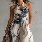 Halter Dress with Ink Print and Pockets