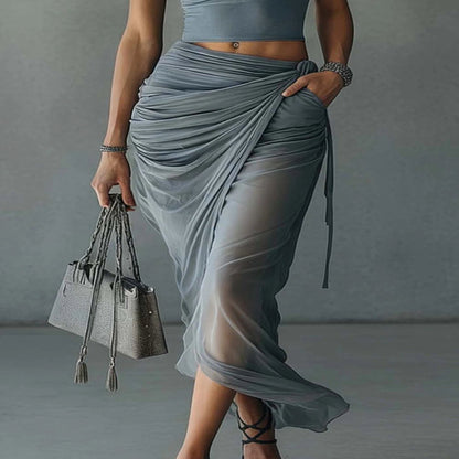 Blue Mesh Crop Top and Maxi Skirt Set