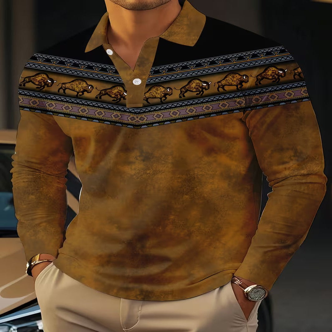 Vintage Casual Polo Shirt with 3D Pattern in Color