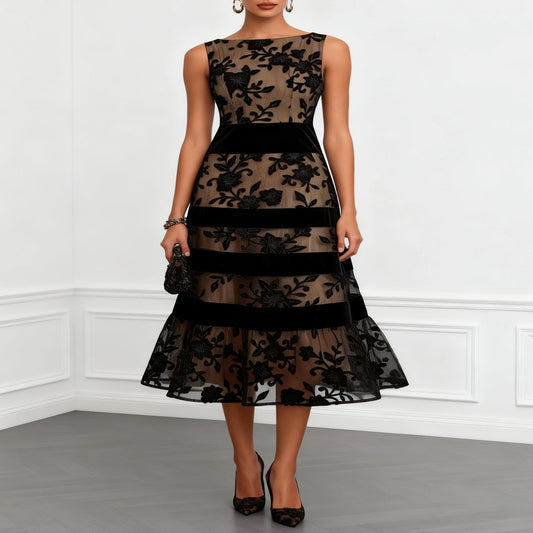 Black Floral Mesh A-Line Midi Dress