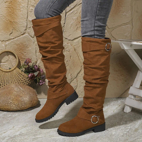 Alicia | Women's ruched high boots with buckles and block soles