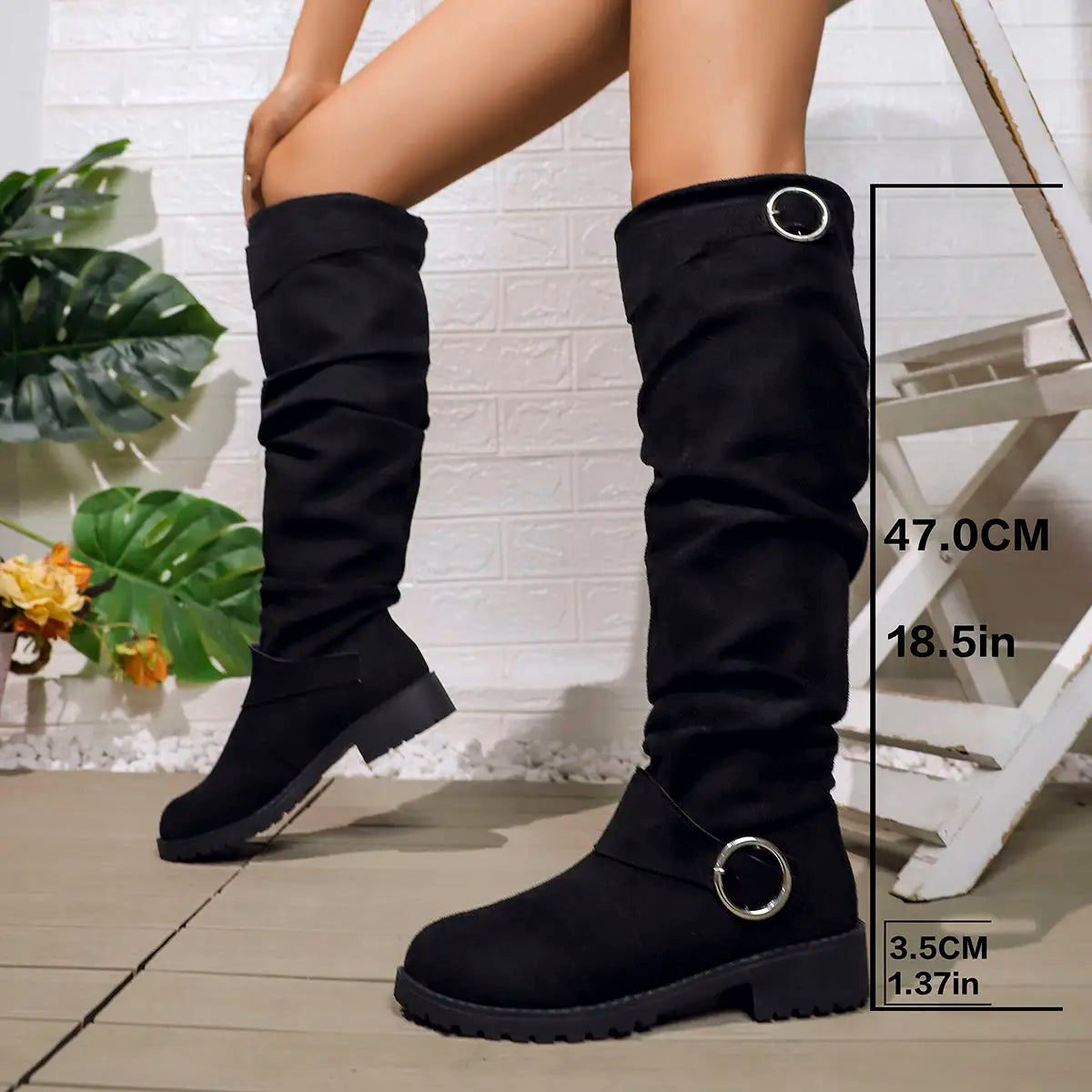 Alicia | Botas altas fruncidas para mujer con hebillas y suela de bloque
