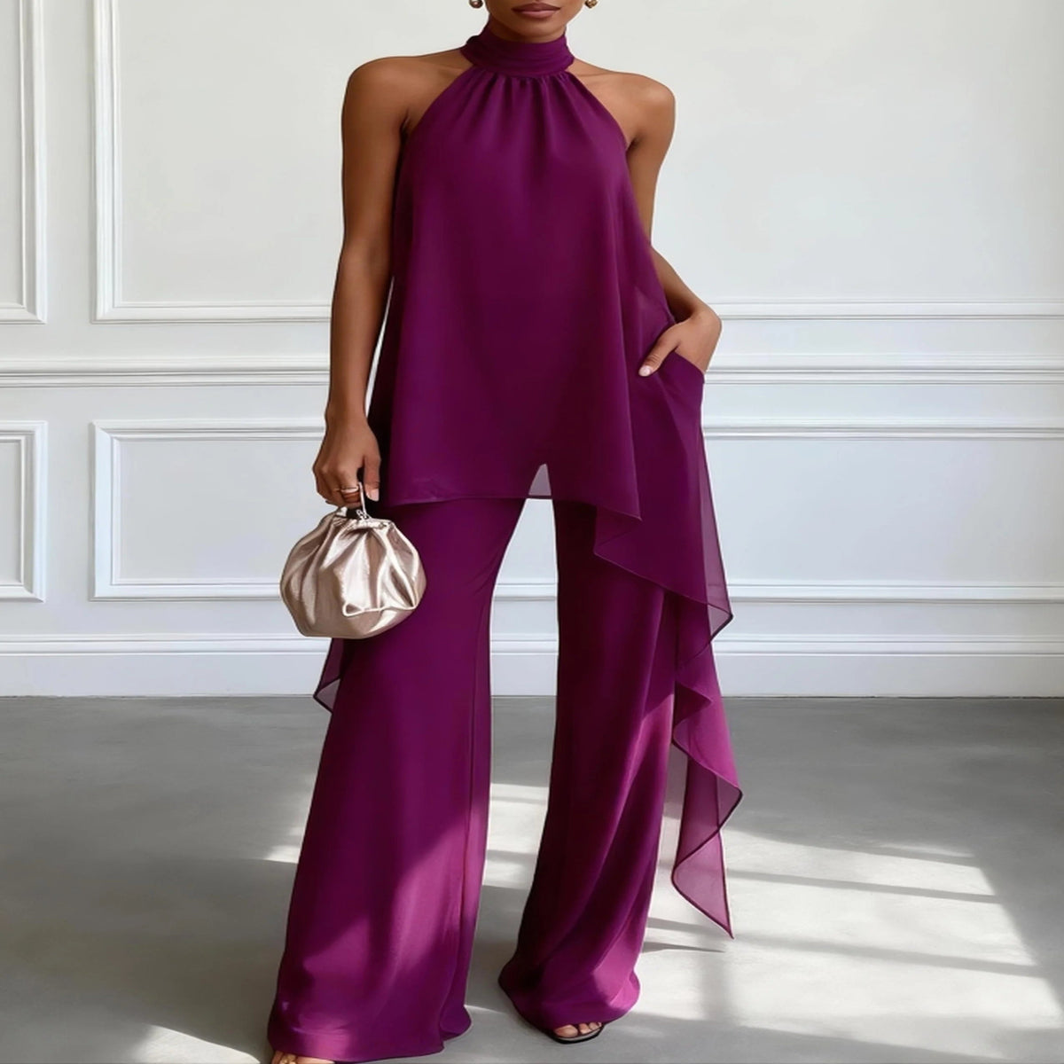 Purple Sleeveless Crop Top and Pants Set