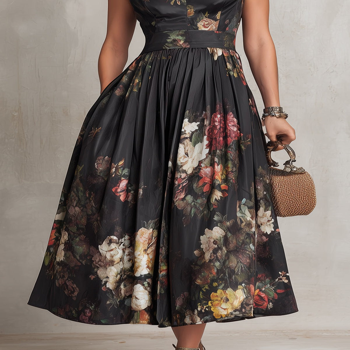 Black Pleated Satin Midi Dress with Teardrop Neckline