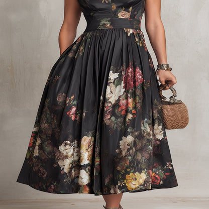 Black Pleated Satin Midi Dress with Teardrop Neckline