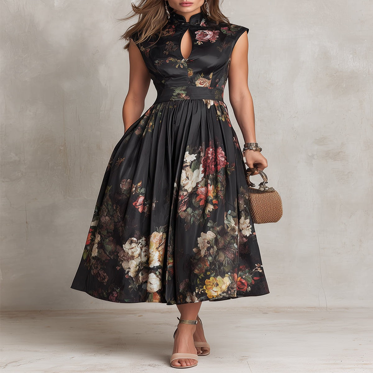 Black Pleated Satin Midi Dress with Teardrop Neckline