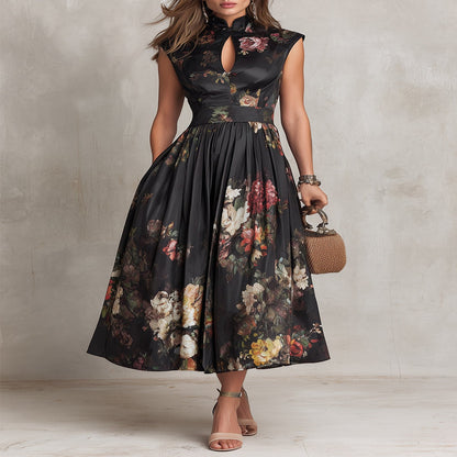 Black Pleated Satin Midi Dress with Teardrop Neckline