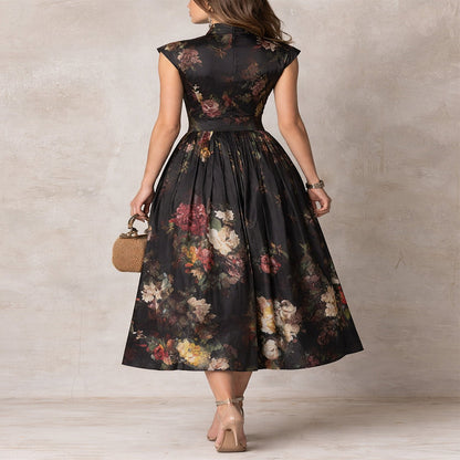 Black Pleated Satin Midi Dress with Teardrop Neckline