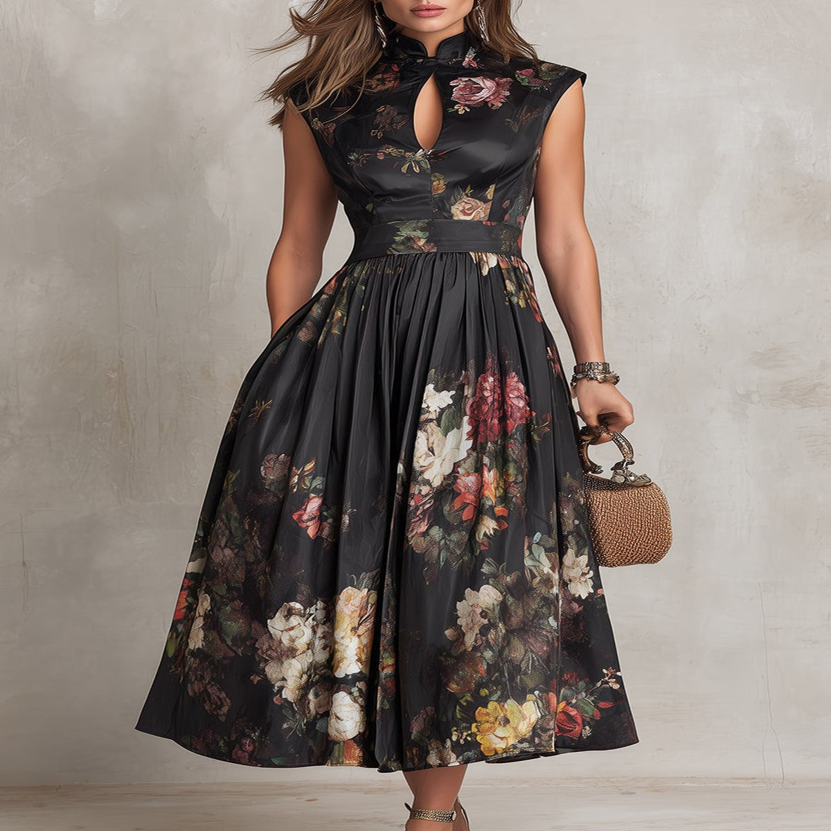 Black Pleated Satin Midi Dress with Teardrop Neckline