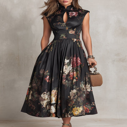 Black Pleated Satin Midi Dress with Teardrop Neckline