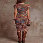 Vestido Midi Bohemio Plisado con Estampado Abstracto y Escote V