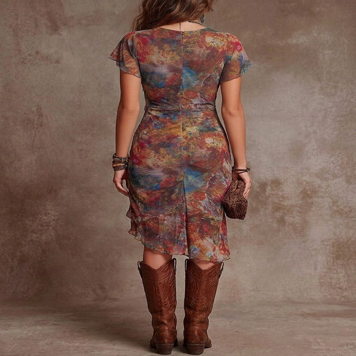 Women's Bohemian Pleated Abstract Print V-Neck Midi Dress
