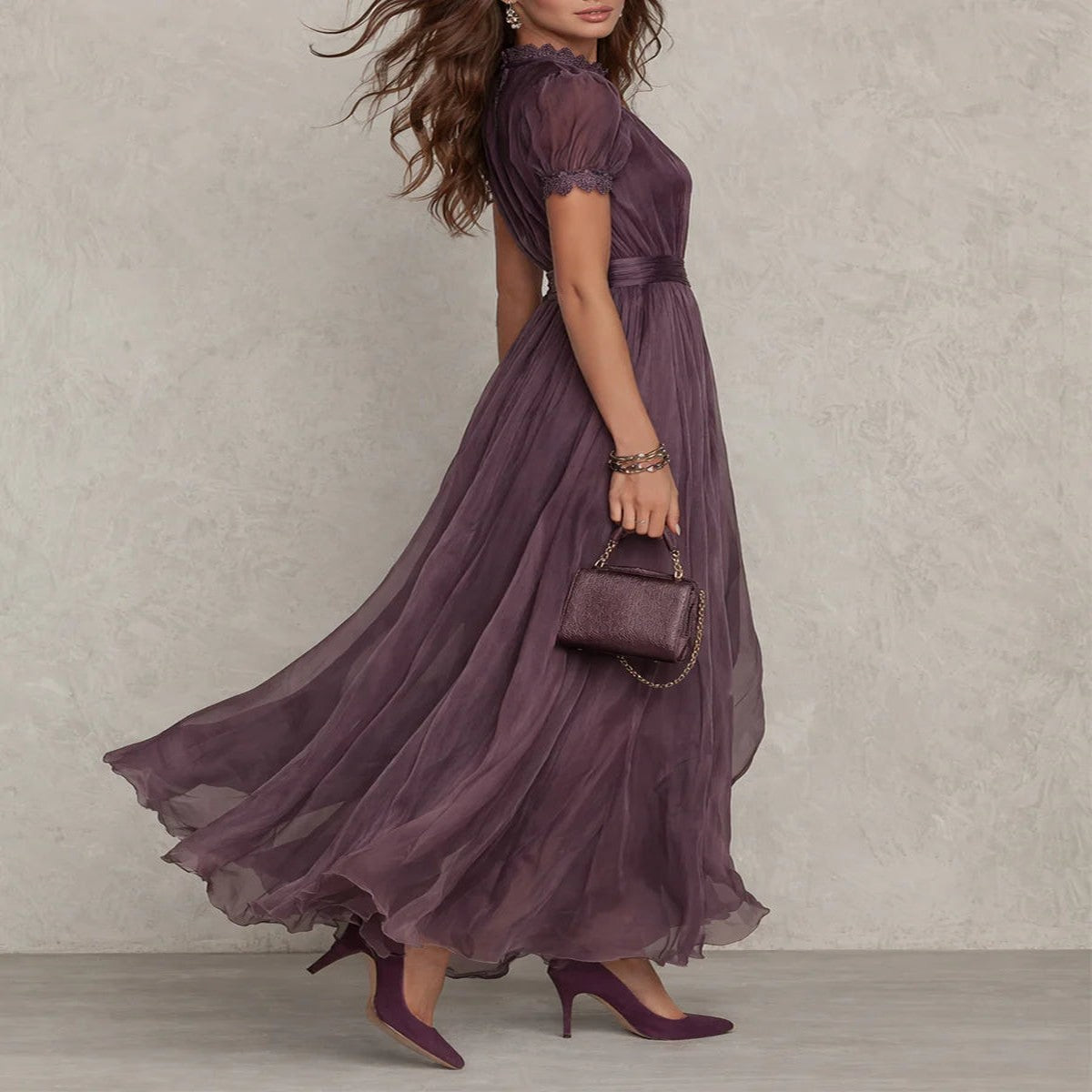 Purple Chiffon Maxi Dress with Plunge Neckline