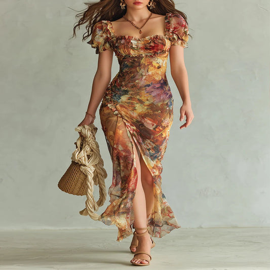 Orange Chiffon Oil Print Maxi Dress