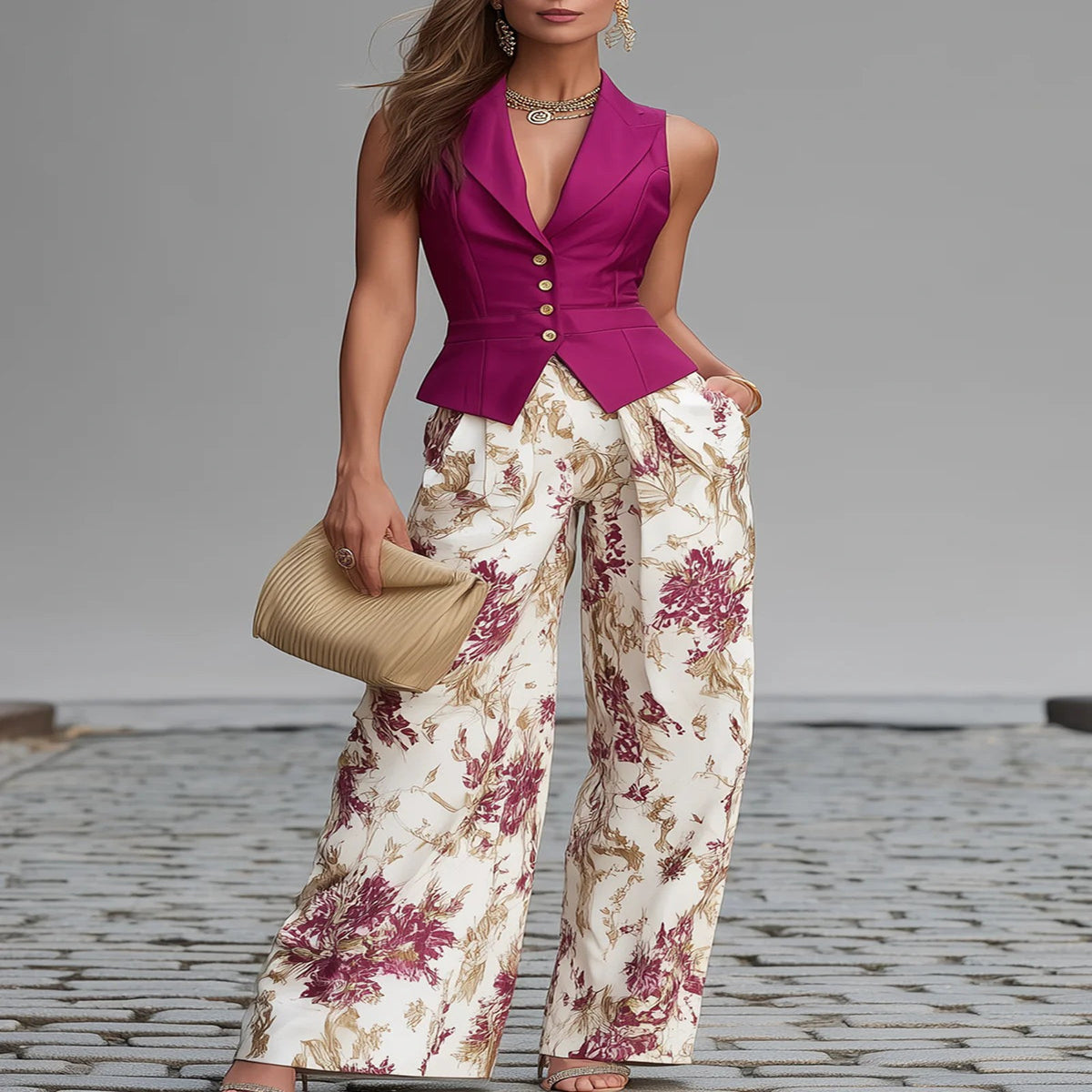 Pink Floral Wide-Leg Vest and Pant Set