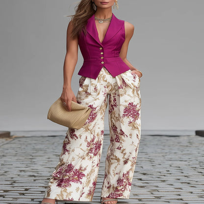 Pink Floral Wide-Leg Vest and Pant Set