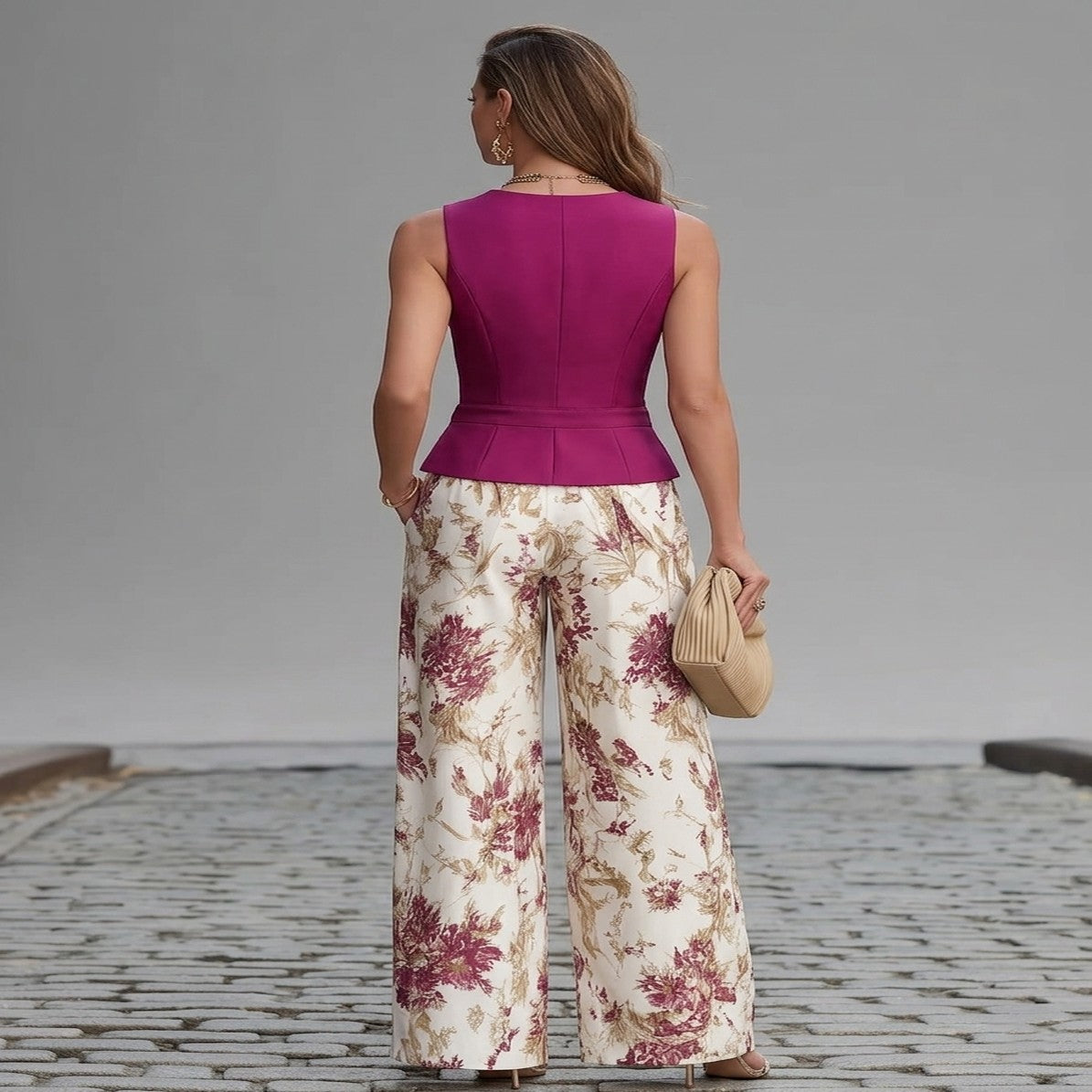 Pink Floral Wide-Leg Vest and Pant Set