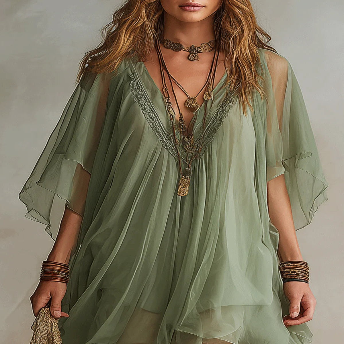 Flowy Green Chiffon Mini Dress with V-Neck