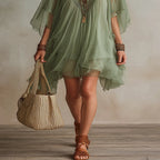 Flowy Green Chiffon Mini Dress with V-Neck