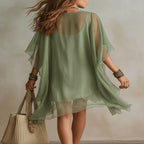 Flowy Green Chiffon Mini Dress with V-Neck
