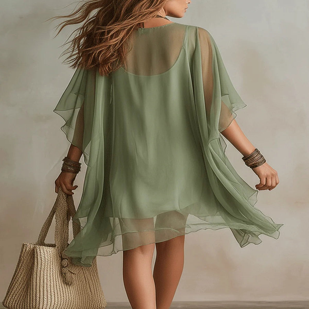 Flowy Green Chiffon Mini Dress with V-Neck