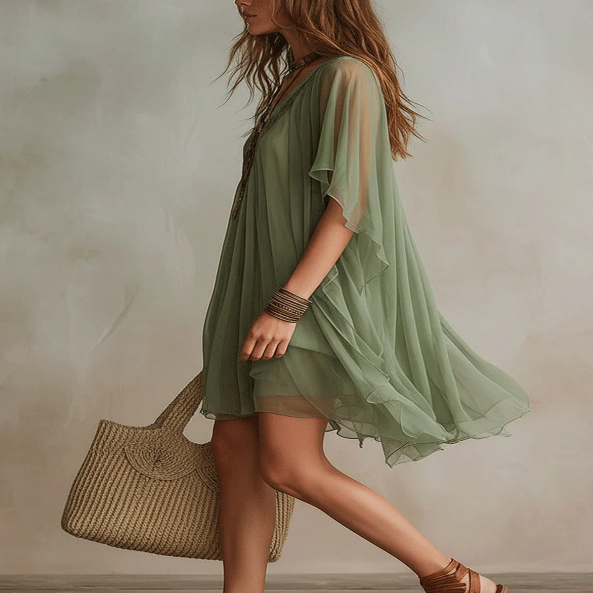 Flowy Green Chiffon Mini Dress with V-Neck