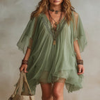 Flowy Green Chiffon Mini Dress with V-Neck
